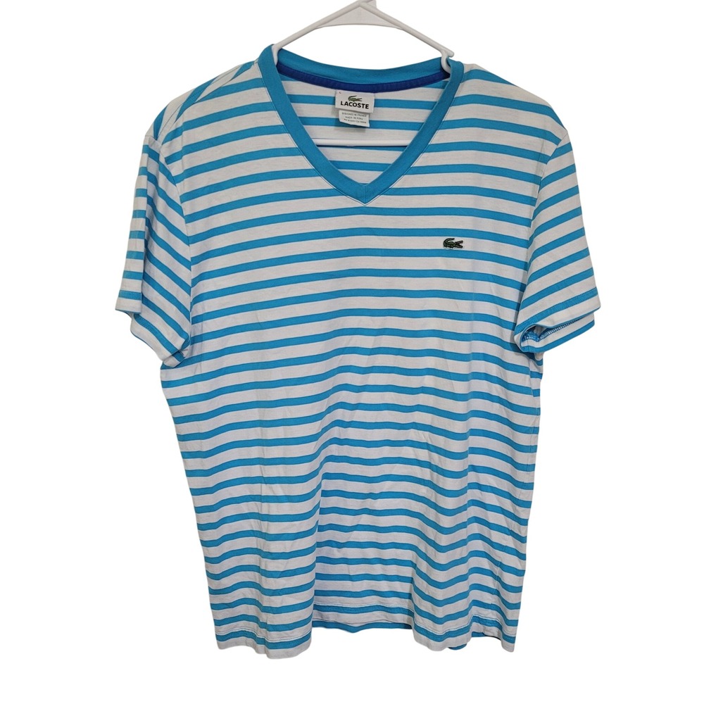 Lacoste‎ Mens V-Neck Striped T-Shirt Blue White Cotton Tee Size 5 M
